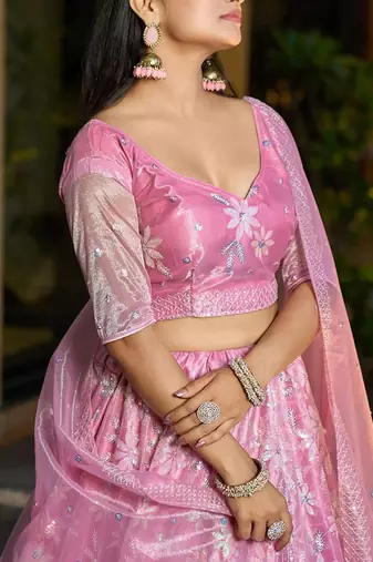 Embroidered Sequinned Semi-Stitched Lehenga & Unstitched Blouse With Dupatta