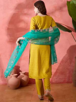 Floral embroidered thread work straight kurta with trouser & dupatta 4