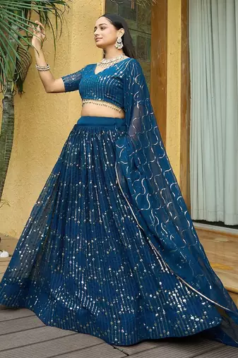 Embroidered Sequinned Semi-Stitched Lehenga & Unstitched Blouse With Dupatta