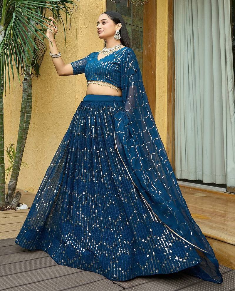 Embroidered Sequinned Semi-Stitched Lehenga & Unstitched Blouse With Dupatta