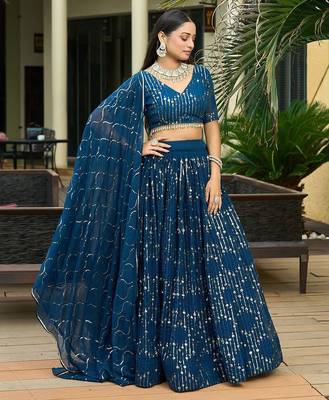 Embroidered Sequinned Semi-Stitched Lehenga & Unstitched Blouse With Dupatta 2