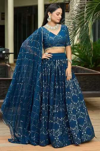 Embroidered Sequinned Semi-Stitched Lehenga & Unstitched Blouse With Dupatta