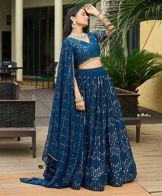 Embroidered Sequinned Semi-Stitched Lehenga & Unstitched Blouse With Dupatta 4