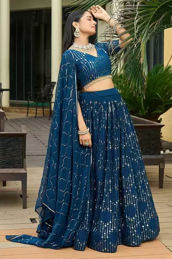 Embroidered Sequinned Semi-Stitched Lehenga & Unstitched Blouse With Dupatta