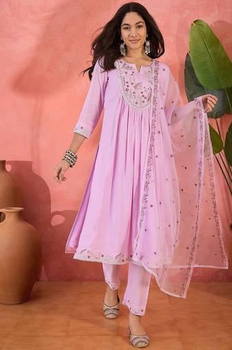 Zari floral embroidered notch neck a-line kurta with trousers & dupatta