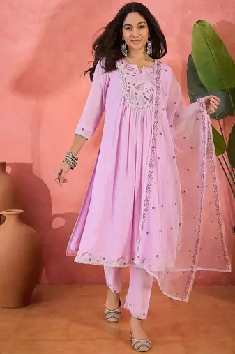Zari floral embroidered notch neck a-line kurta with trousers & dupatta