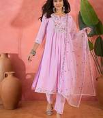 Zari floral embroidered notch neck a-line kurta with trousers & dupatta