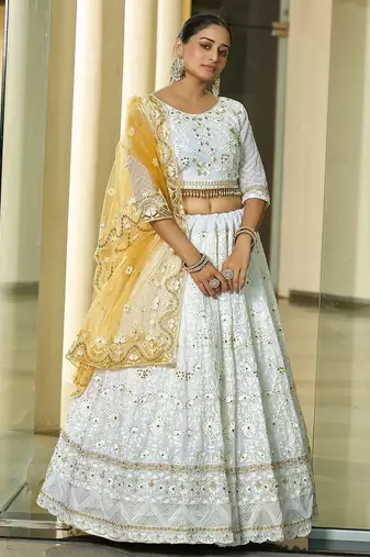 Embroidered Thread Work Semi-Stitched Lehenga & Unstitched Blouse With Dupatta