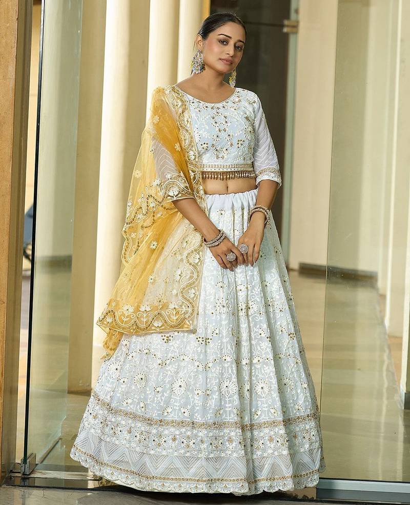 Embroidered Thread Work Semi-Stitched Lehenga & Unstitched Blouse With Dupatta