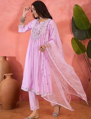 Zari floral embroidered notch neck a-line kurta with trousers & dupatta 5