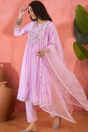 Zari floral embroidered notch neck a-line kurta with trousers & dupatta