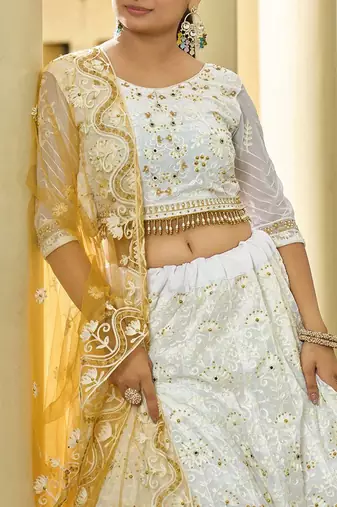 Embroidered Thread Work Semi-Stitched Lehenga & Unstitched Blouse With Dupatta