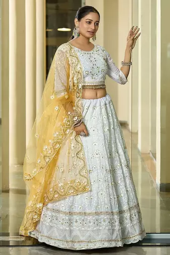 Embroidered Thread Work Semi-Stitched Lehenga & Unstitched Blouse With Dupatta