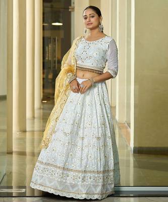 Embroidered Thread Work Semi-Stitched Lehenga & Unstitched Blouse With Dupatta 4