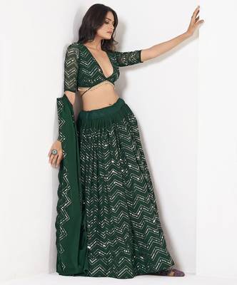 Embroidered Sequinned Semi-Stitched Lehenga & Unstitched Blouse With Dupatta 1