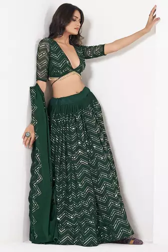 Embroidered Sequinned Semi-Stitched Lehenga & Unstitched Blouse With Dupatta