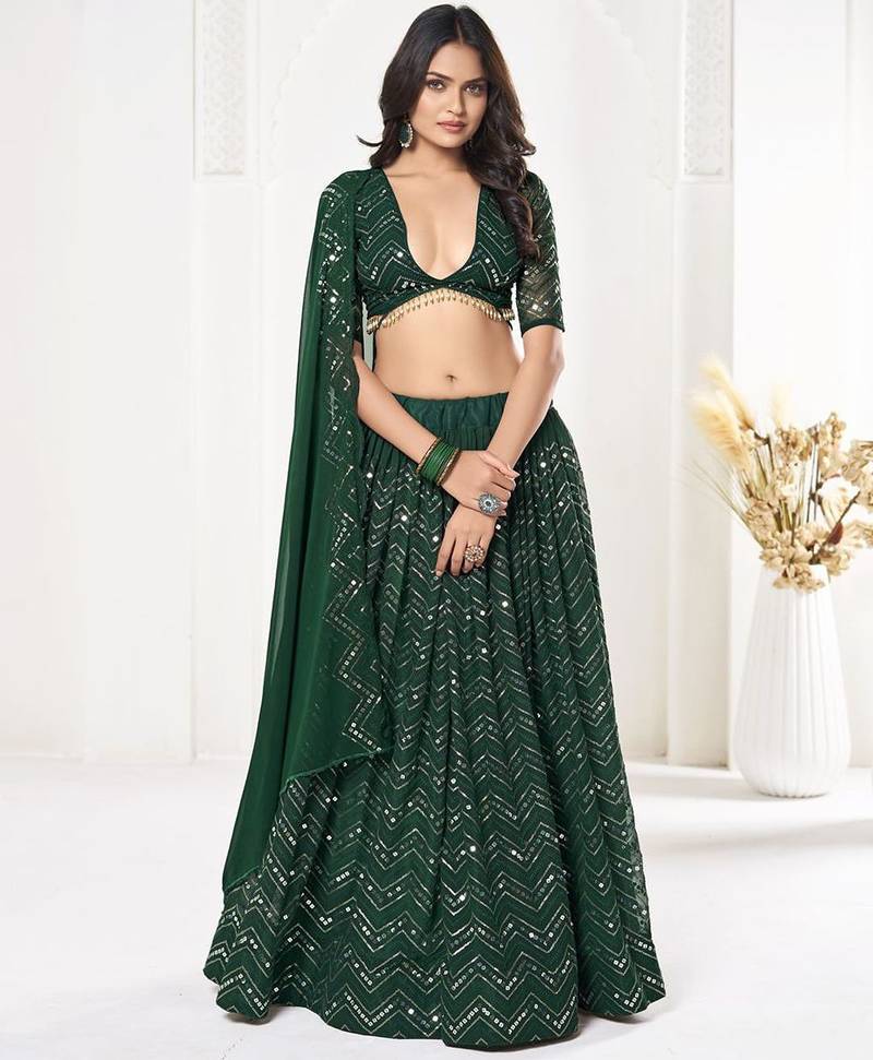 Embroidered Sequinned Semi-Stitched Lehenga & Unstitched Blouse With Dupatta