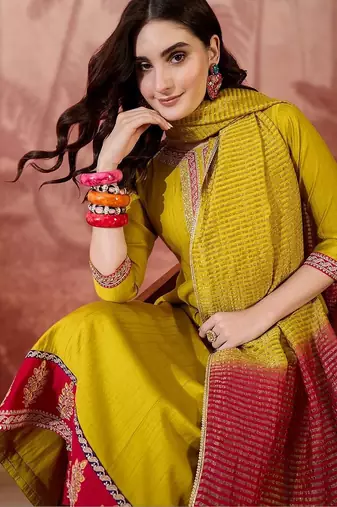 Women floral embroidered pleated sequinned kurta with trousers & dupatta