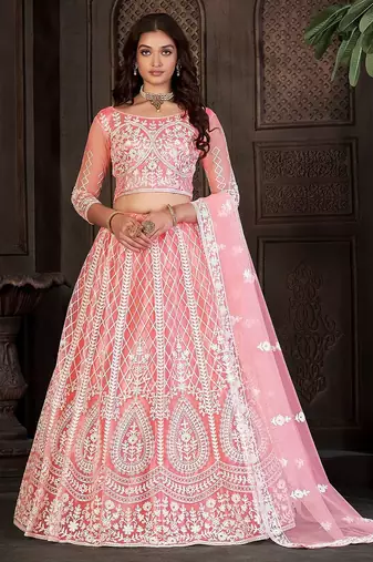 Embroidered Thread Work Semi-Stitched Lehenga & Unstitched Blouse With Dupatta