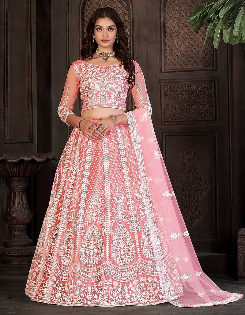 Embroidered Thread Work Semi-Stitched Lehenga & Unstitched Blouse With Dupatta