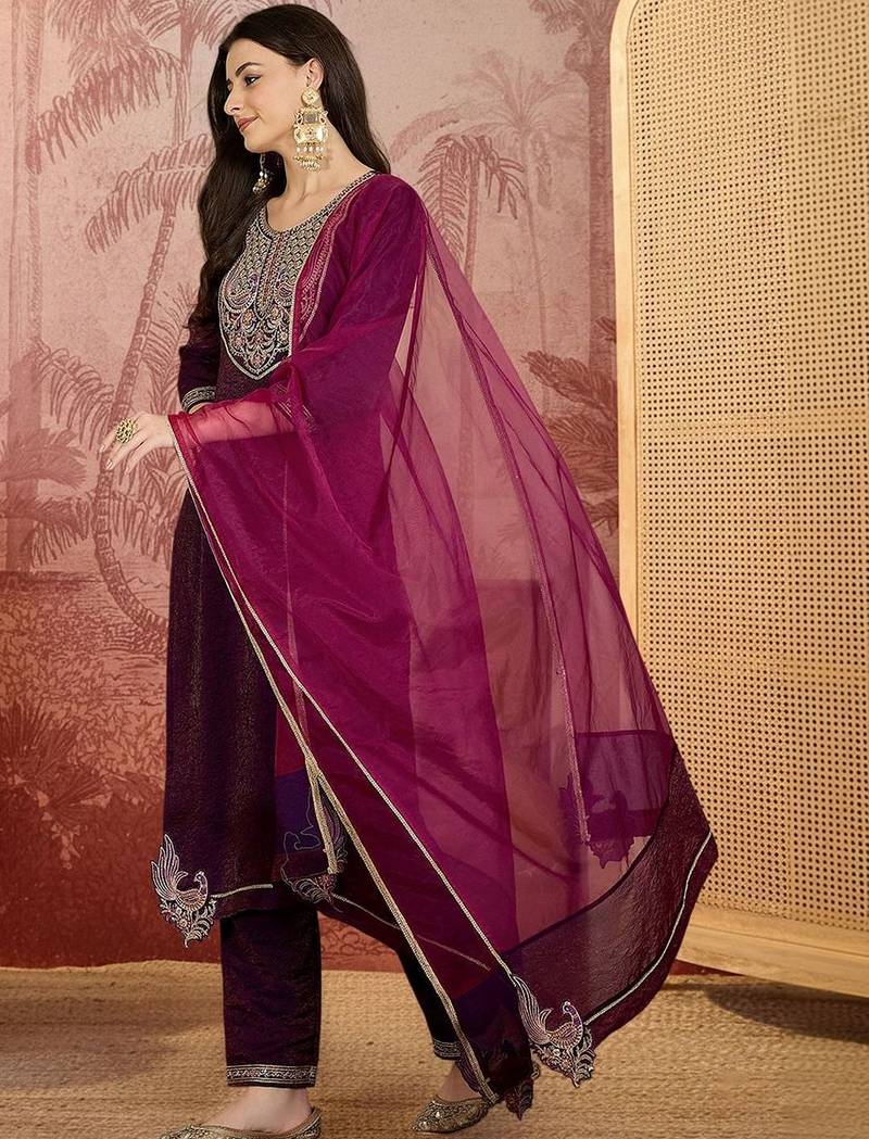 Women floral embroidered pleated sequinned kurta with trousers & with dupatta