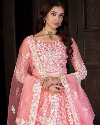 Embroidered Thread Work Semi-Stitched Lehenga & Unstitched Blouse With Dupatta 2