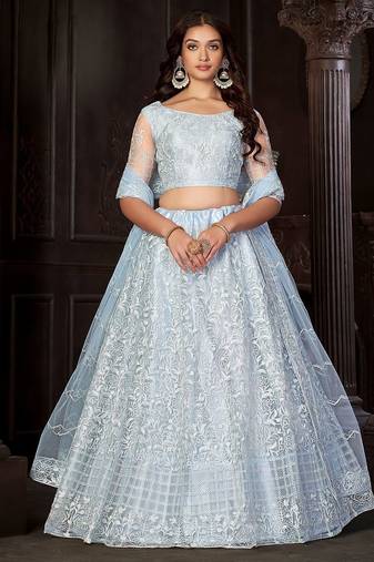 Embroidered Net Semi-Stitched Lehenga & Unstitched Blouse With Dupatta