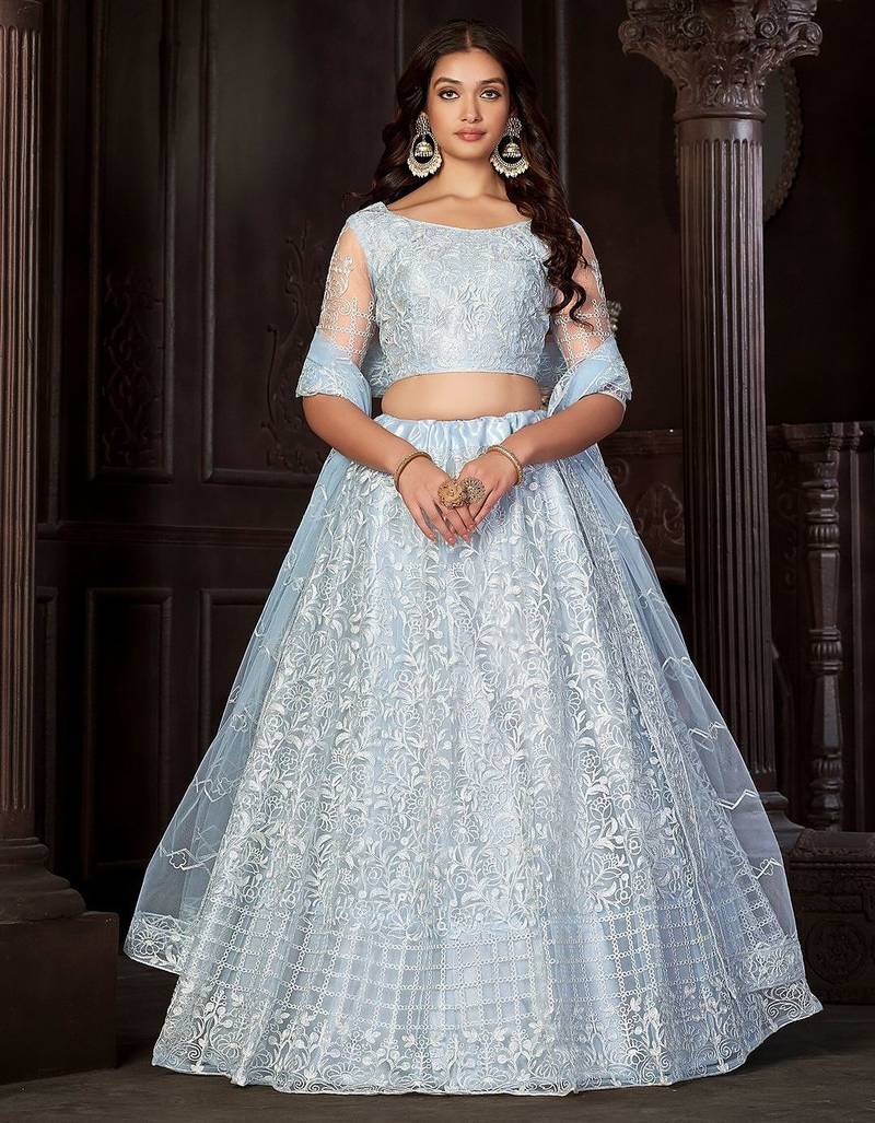 Embroidered Net Semi-Stitched Lehenga & Unstitched Blouse With Dupatta