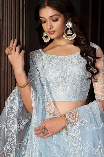 Embroidered Net Semi-Stitched Lehenga & Unstitched Blouse With Dupatta