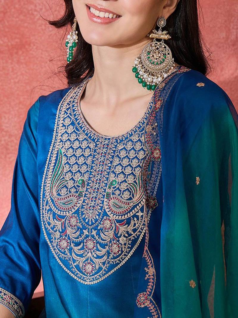 Women ethnic motifs embroidered anarkali kurta with trousers & dupatta
