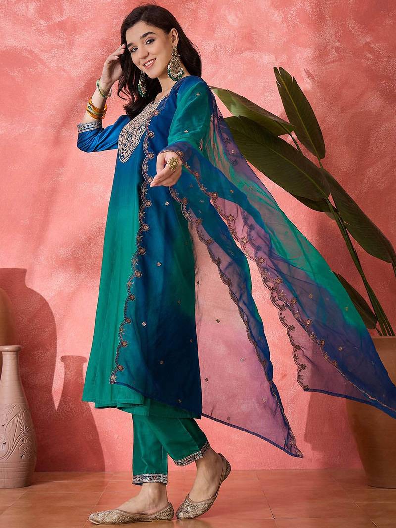 Women ethnic motifs embroidered anarkali kurta with trousers & dupatta