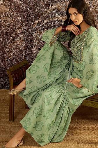 Women floral embroidered regular beads and stones kurta with sharara kurta sets