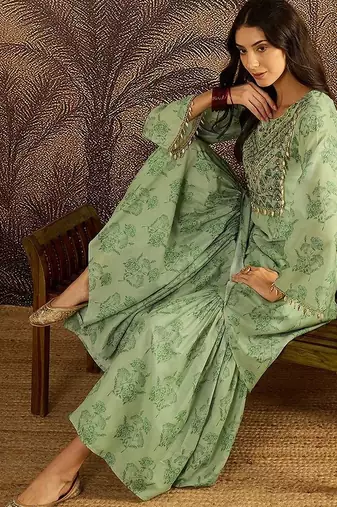 Women floral embroidered regular beads and stones kurta with sharara kurta sets
