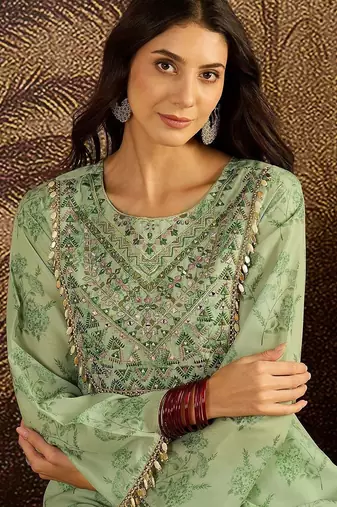 Women floral embroidered regular beads and stones kurta with sharara kurta sets