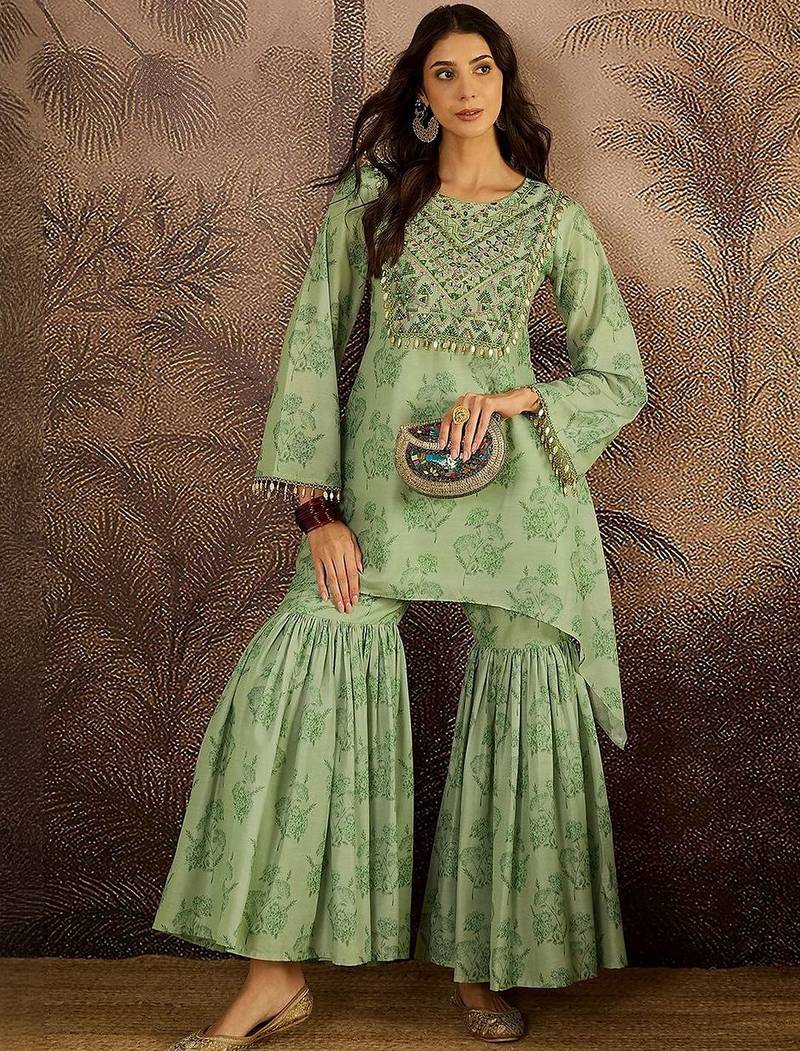 Women floral embroidered regular beads and stones kurta with sharara kurta sets