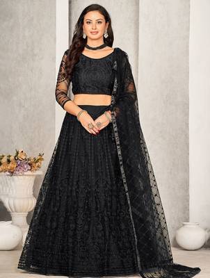 Embroidered Net Semi-Stitched Lehenga & Unstitched Blouse With Dupatta 1