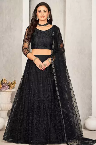 Embroidered Net Semi-Stitched Lehenga & Unstitched Blouse With Dupatta
