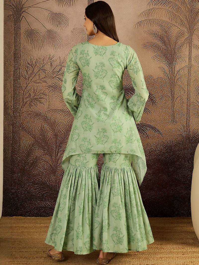 Women floral embroidered regular beads and stones kurta with sharara kurta sets