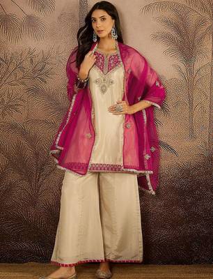 Ethnic motifs embroidered straight  kurta with palazzos & dupatta 1