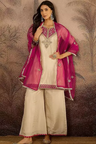 Ethnic motifs embroidered straight  kurta with palazzos & dupatta