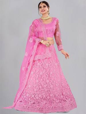 Embroidered Thread Work Semi-Stitched Lehenga & Unstitched Blouse With Dupatta 1