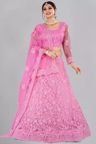 Embroidered Thread Work Semi-Stitched Lehenga & Unstitched Blouse With Dupatta