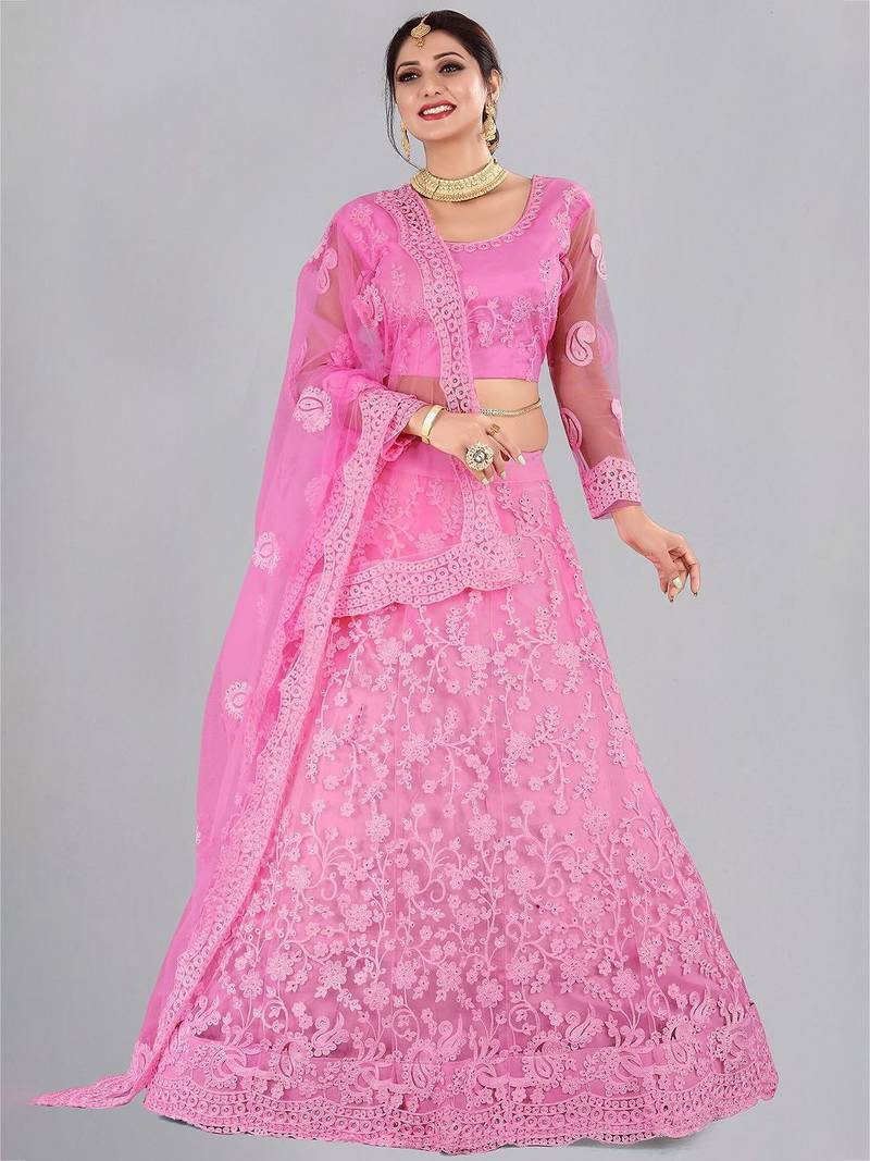 Embroidered Thread Work Semi-Stitched Lehenga & Unstitched Blouse With Dupatta