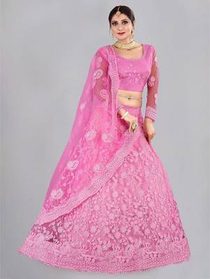 Embroidered Thread Work Semi-Stitched Lehenga & Unstitched Blouse With Dupatta 3