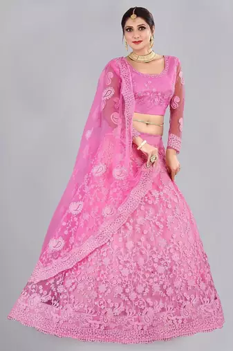 Embroidered Thread Work Semi-Stitched Lehenga & Unstitched Blouse With Dupatta