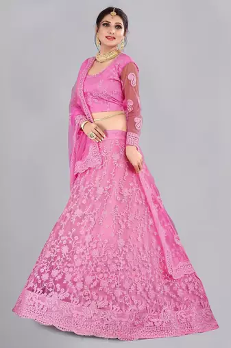 Embroidered Thread Work Semi-Stitched Lehenga & Unstitched Blouse With Dupatta