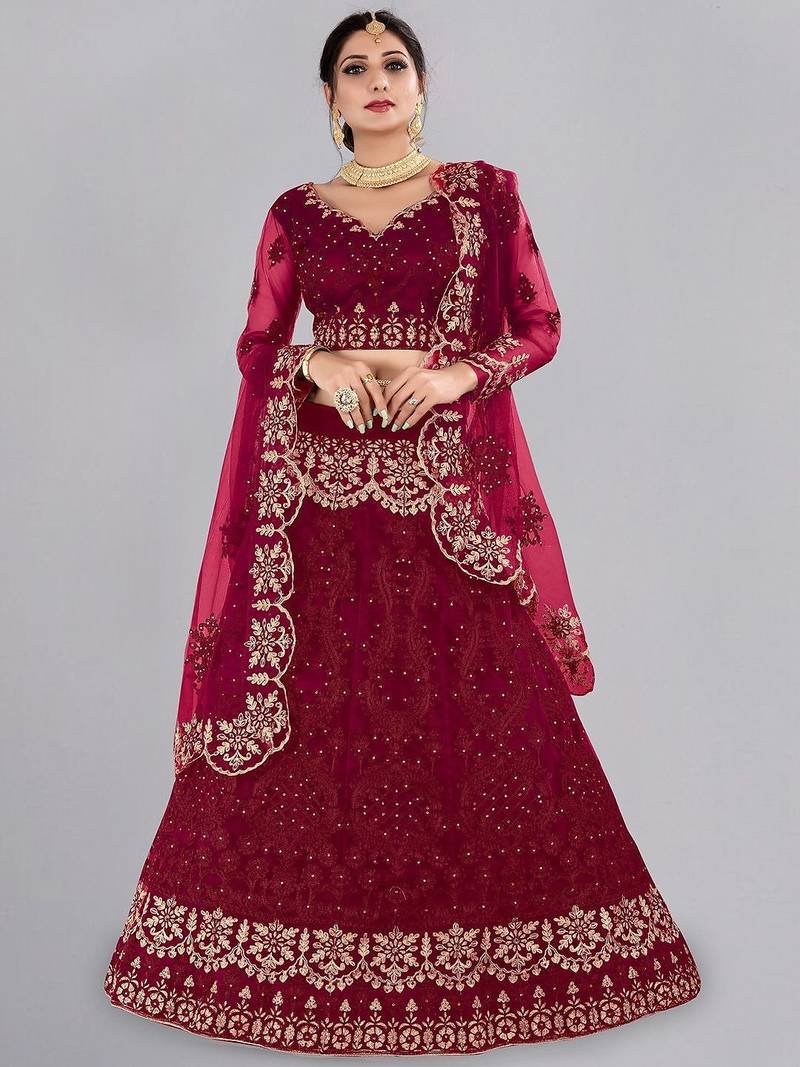 Embroidered Semi-Stitched Lehenga & Unstitched Blouse With Dupatta
