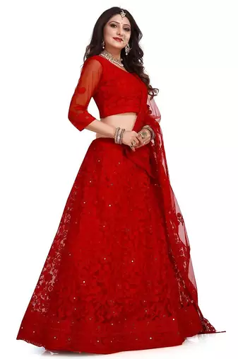 Embroidered Semi-Stitched Lehenga & Unstitched Blouse With Dupatta