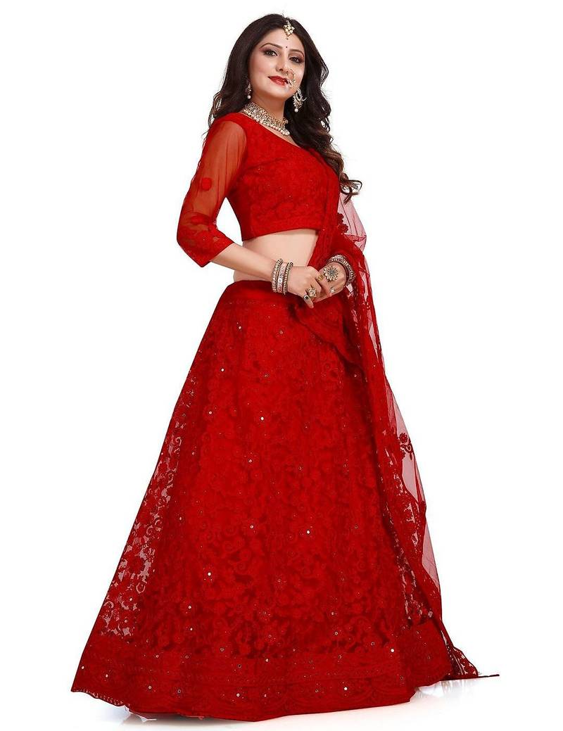 Embroidered Semi-Stitched Lehenga & Unstitched Blouse With Dupatta