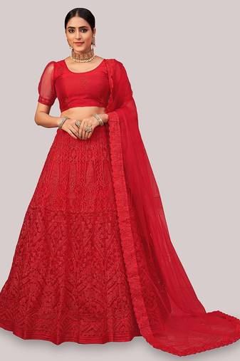 Embroidered Semi-Stitched Lehenga & Unstitched Blouse With Dupatta